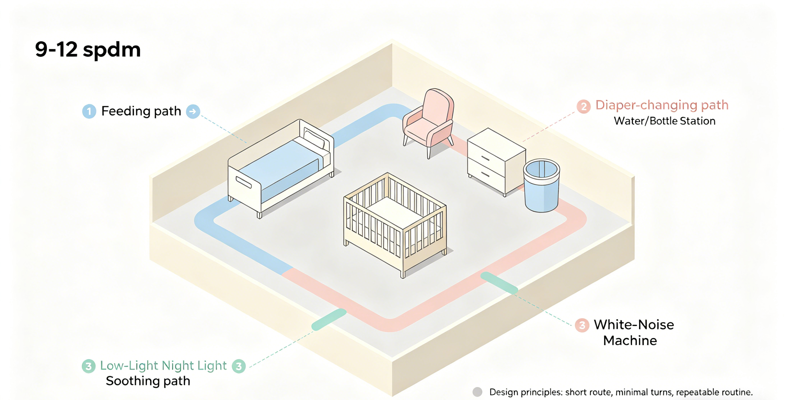 Nursery Layout and Workflow: Nighttime Feeding Path, Lighting, Noise, and Item Placement