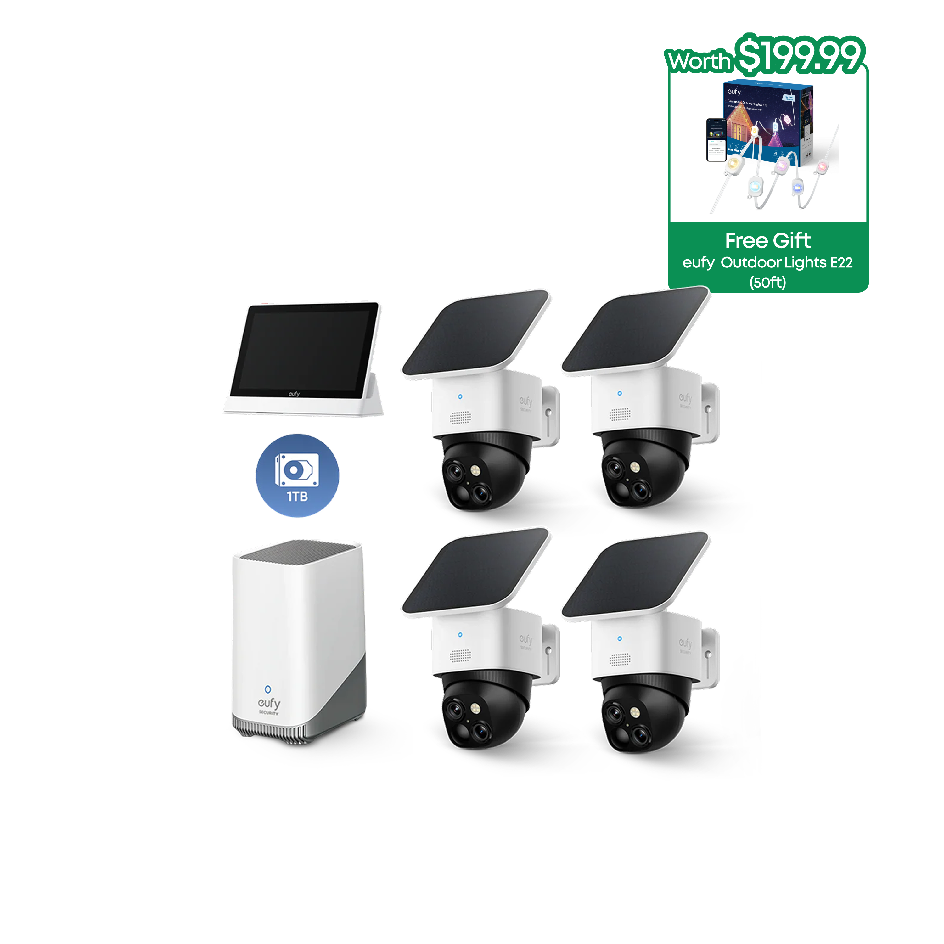 SoloCam S340  (4-Cam Pack) + HomeBase™ S380+ 1 TB Hard Drive+Smart Display E10