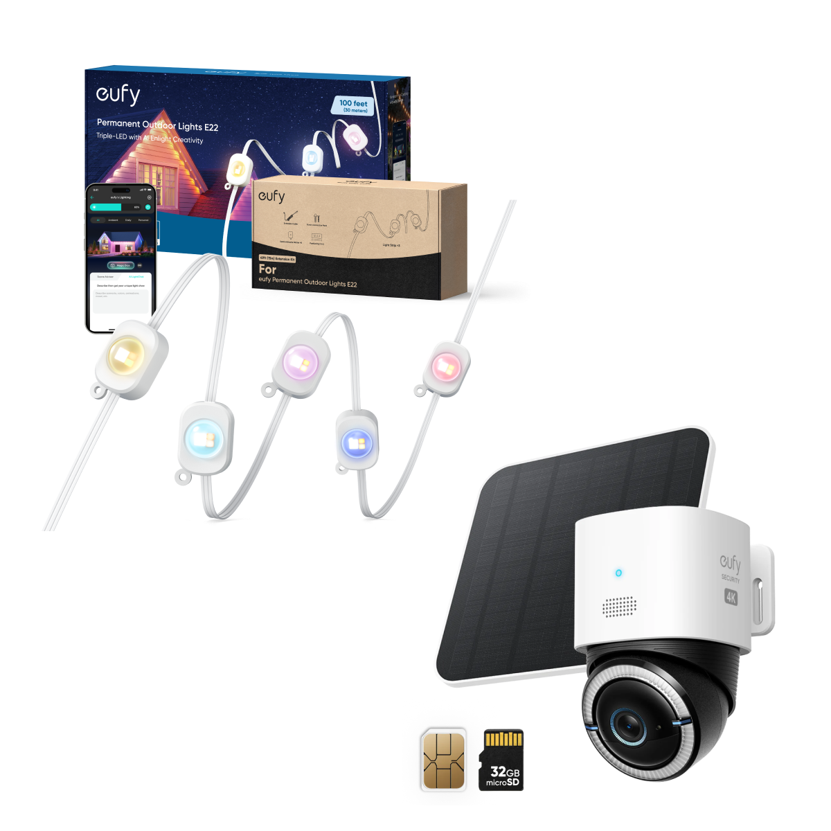 4G LTE Cam S330+Outdoor Lights E22（100ft/30m）+ 50ft/15m Extension Kit