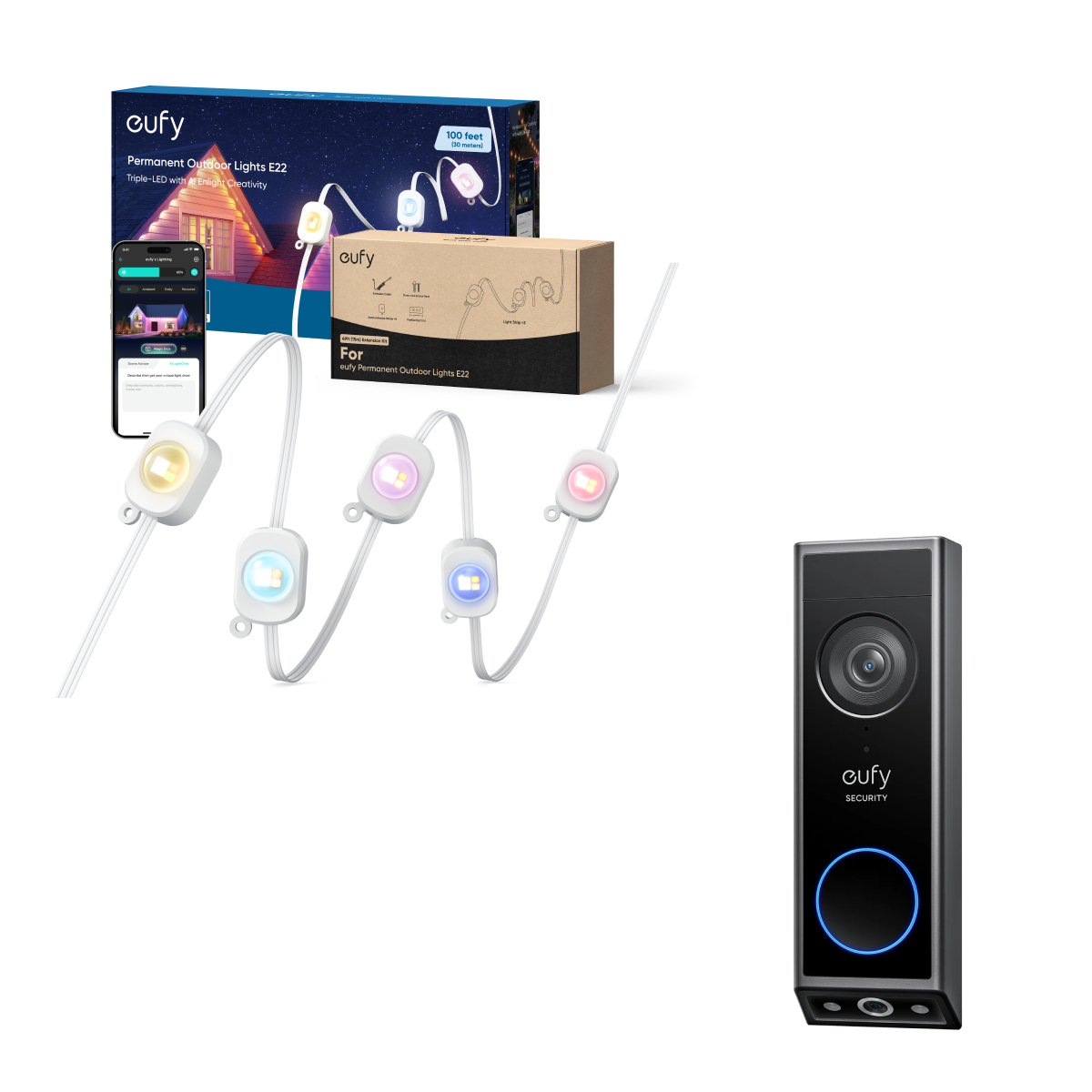 Video Doorbell E340 (Battery Powered)+Outdoor Lights E22（100ft/30m）+ 50ft/15m Extension Kit