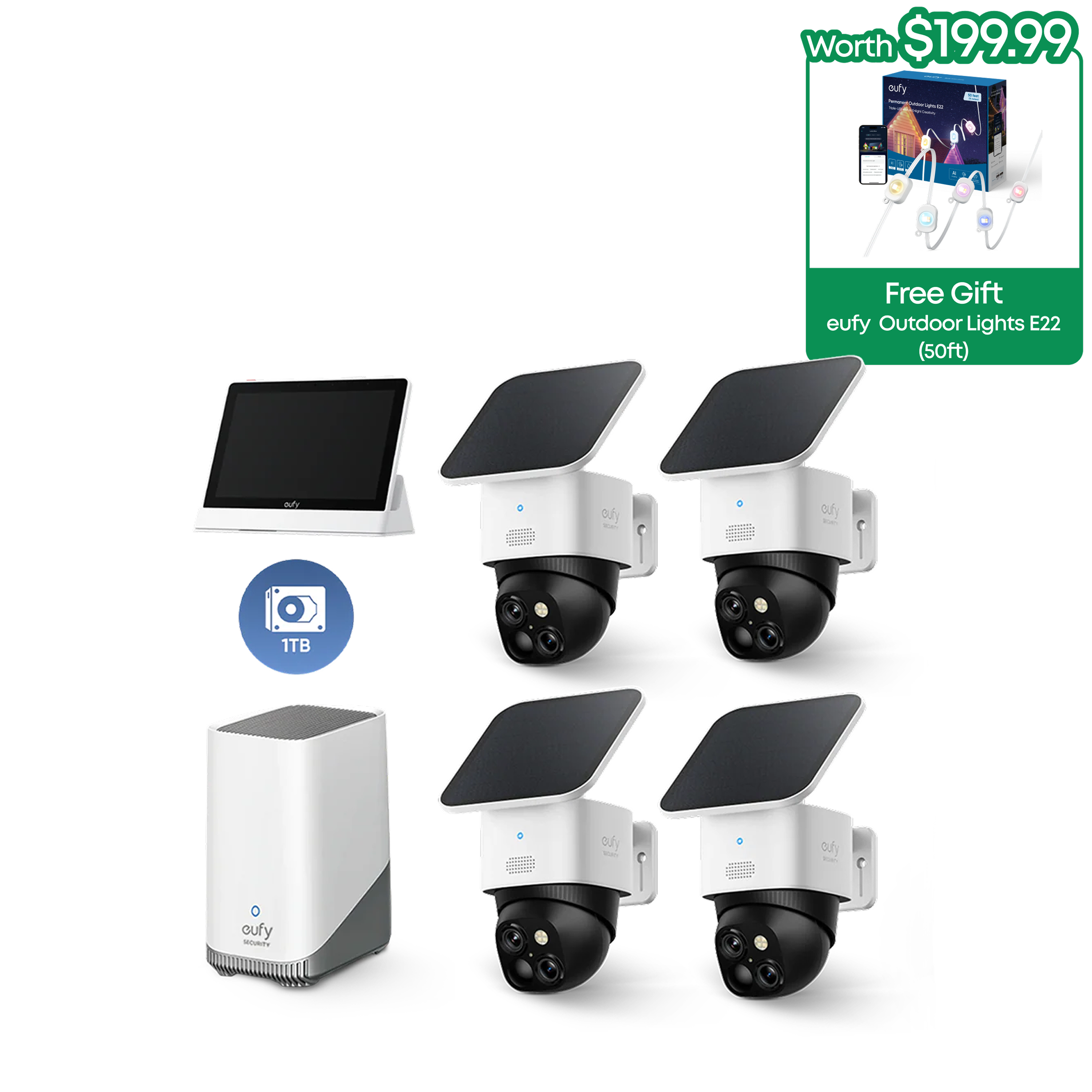 SoloCam S340  (4-Cam Pack) + HomeBase™ S380+ 1 TB Hard Drive+Smart Display E10