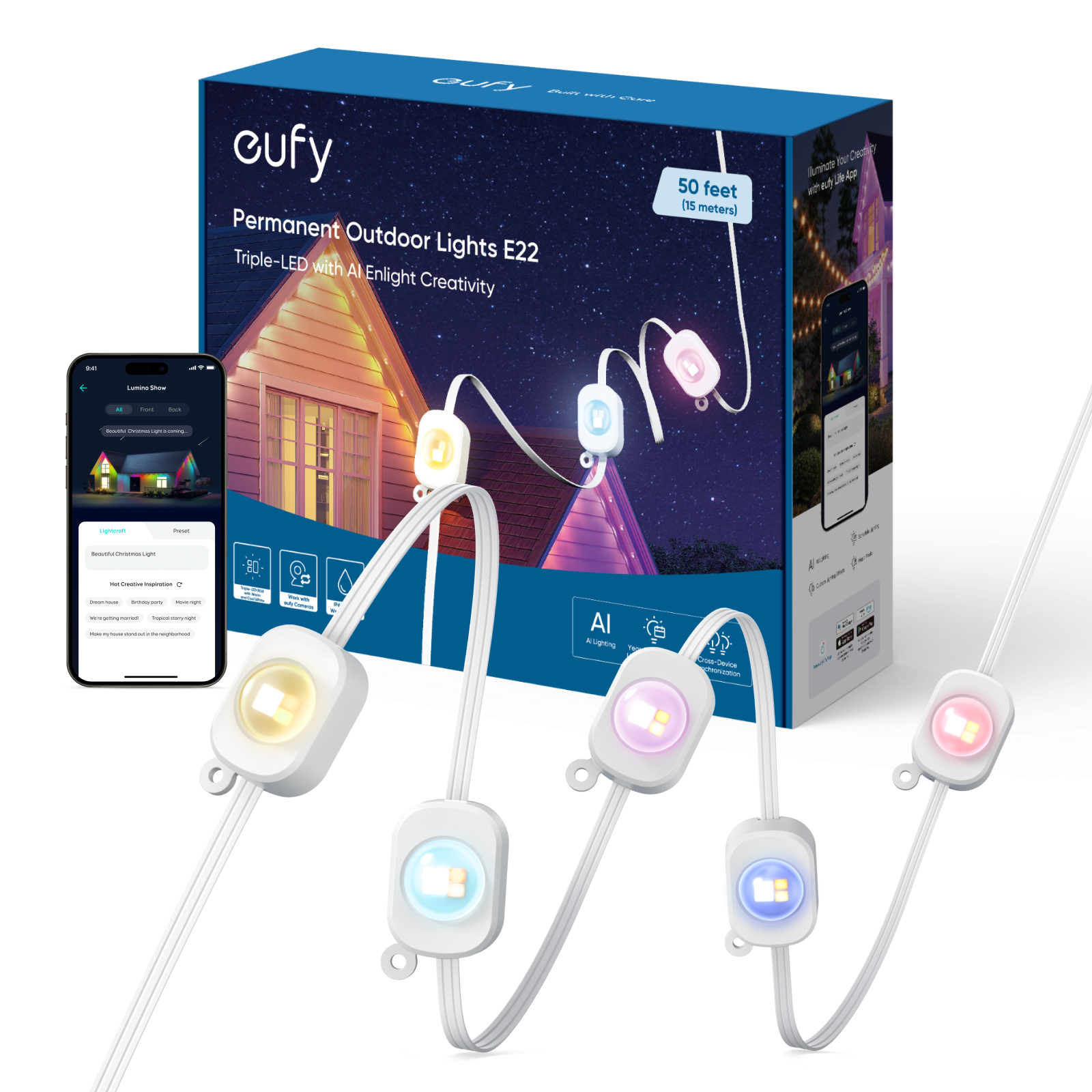 eufy Permanent Outdoor Lights E22 with AI can create colorful scenes for homes