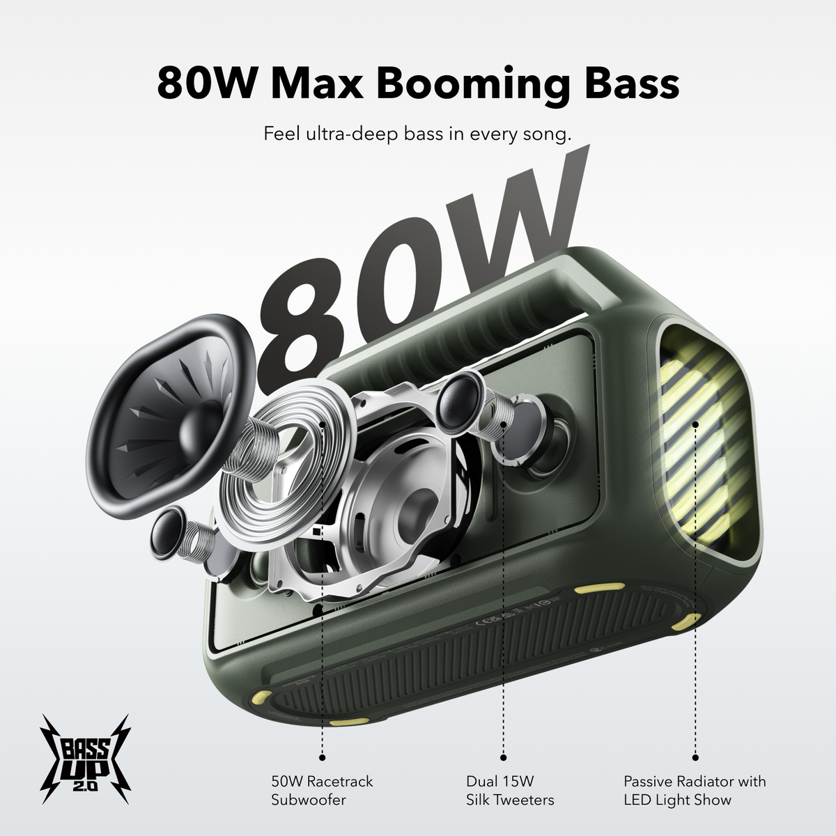 soundcore best outdoor speaker with 80W subwoofer and LED radiator