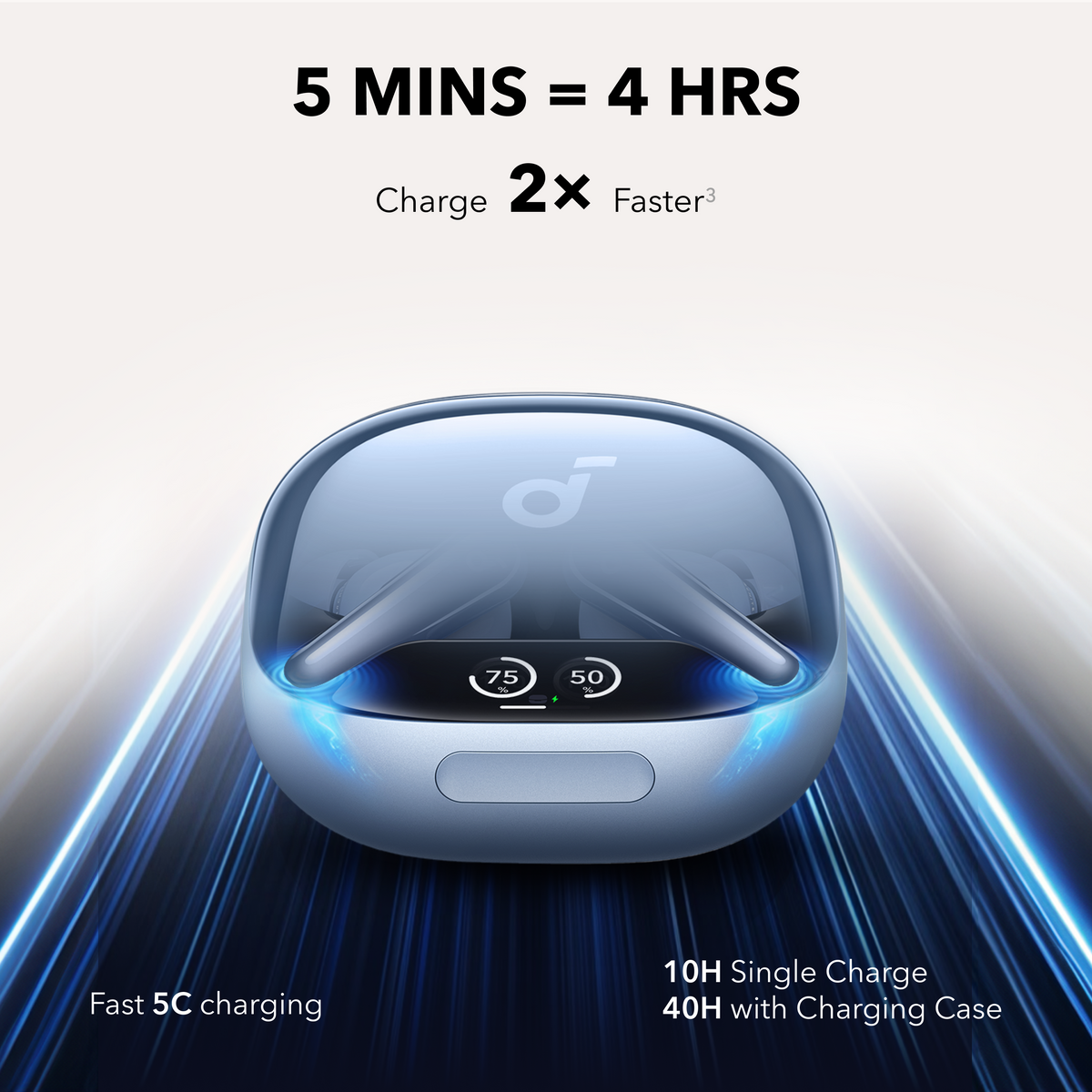 soundcore charging case with fast 5C charging for 40H battery life