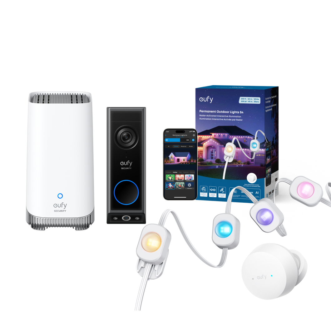 eufy Permanent Outdoor Lights S4 (200ft with 144 LEDs) + Video Doorbell E340 (Battery Powered) + HomeBase S380