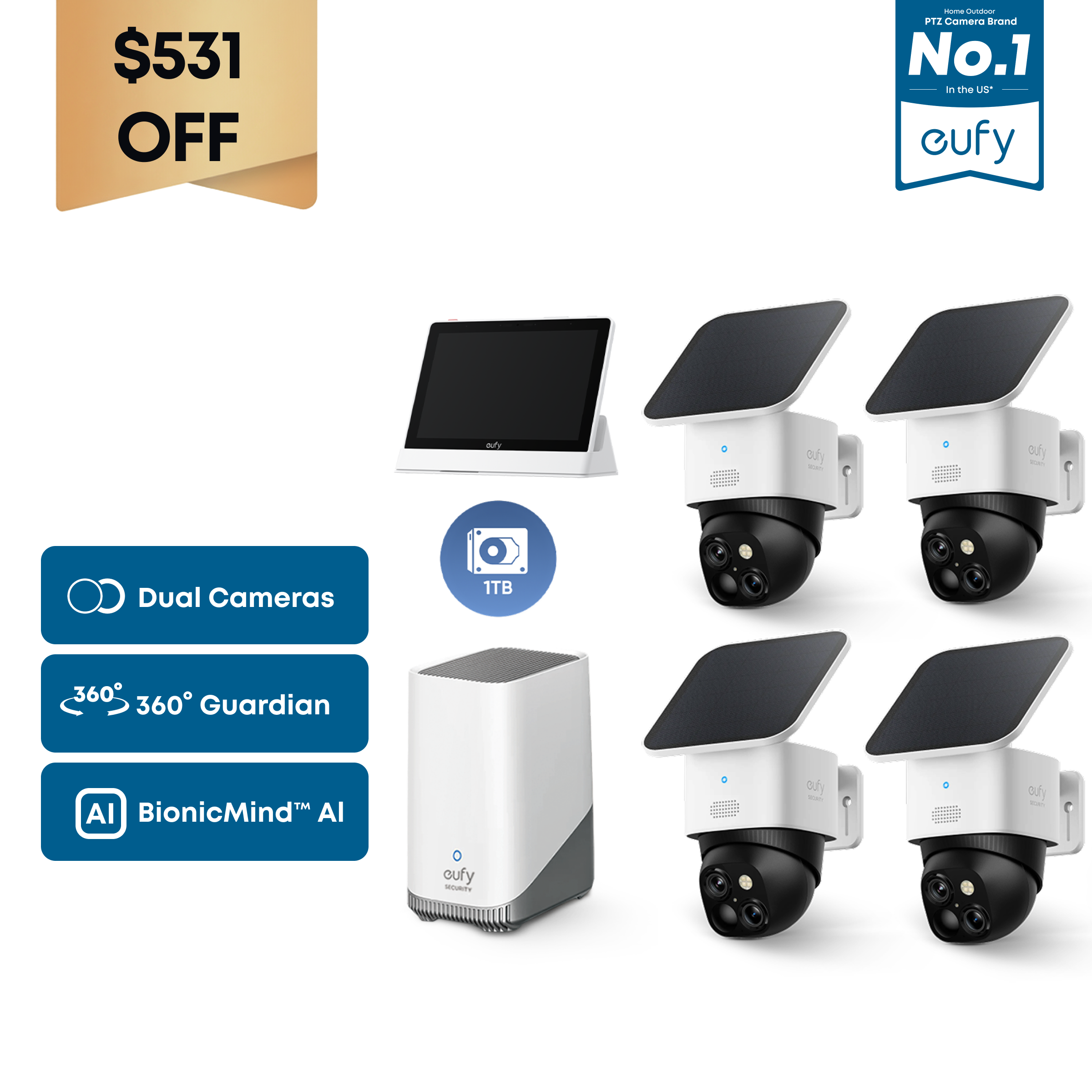SoloCam S340  (4-Cam Pack) + HomeBase™ S380+ 1 TB Hard Drive+Smart Display E10