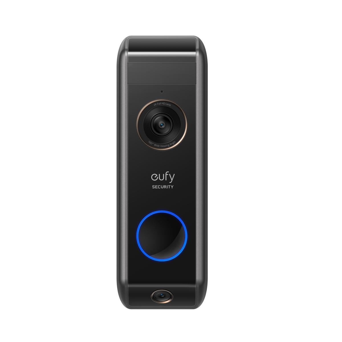 eufy video doorbell with wide lens and blue ring for security.