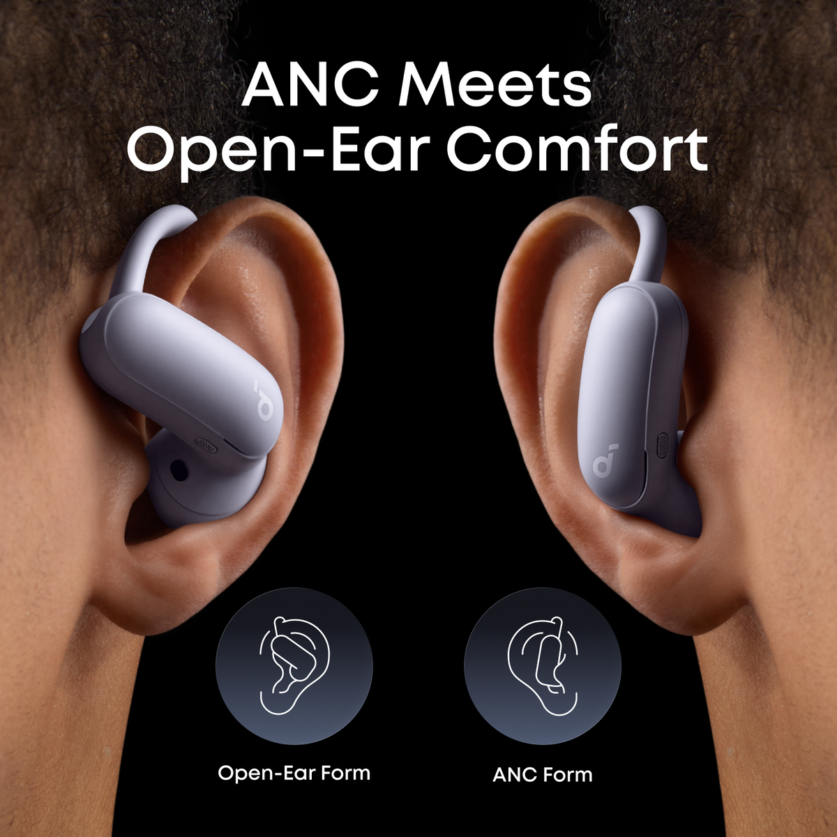 Wearing purple soundcore Aerofit 2 Pro dual form earbuds
