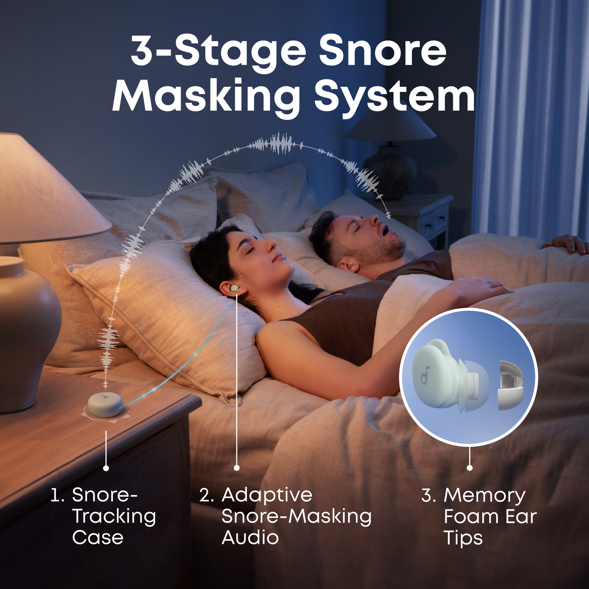 soundcore A30 sleep green earbuds with a snore-masking system