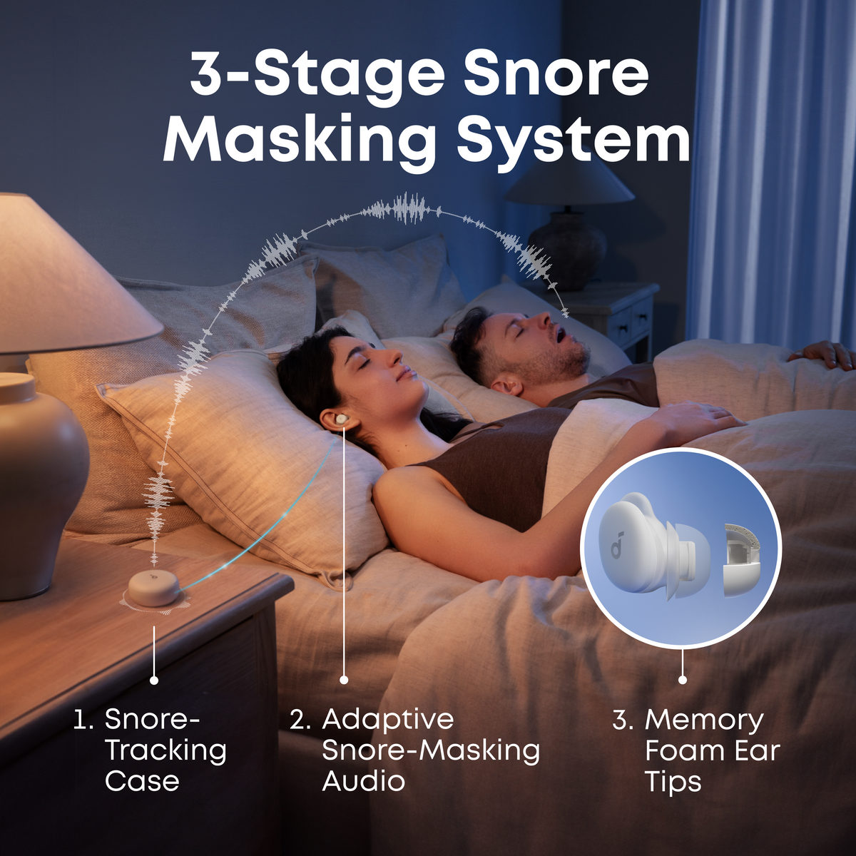 soundcore A30 sleep earbuds with a snore-masking system
