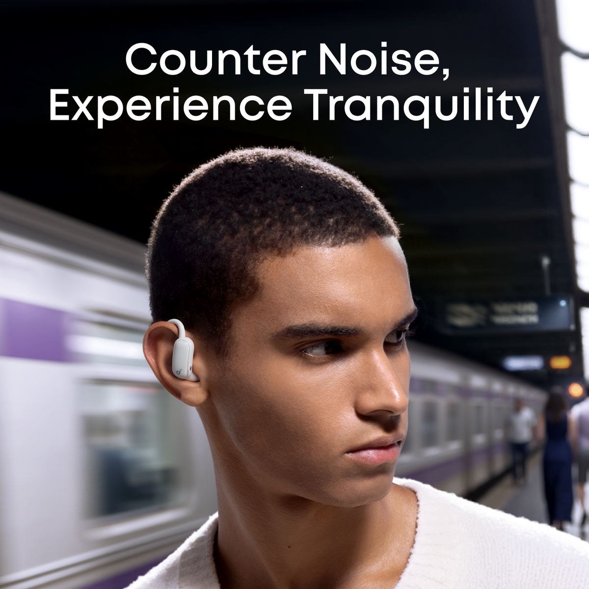 men wearing white aerofit 2 pro anc earbuds enjoy noise environment