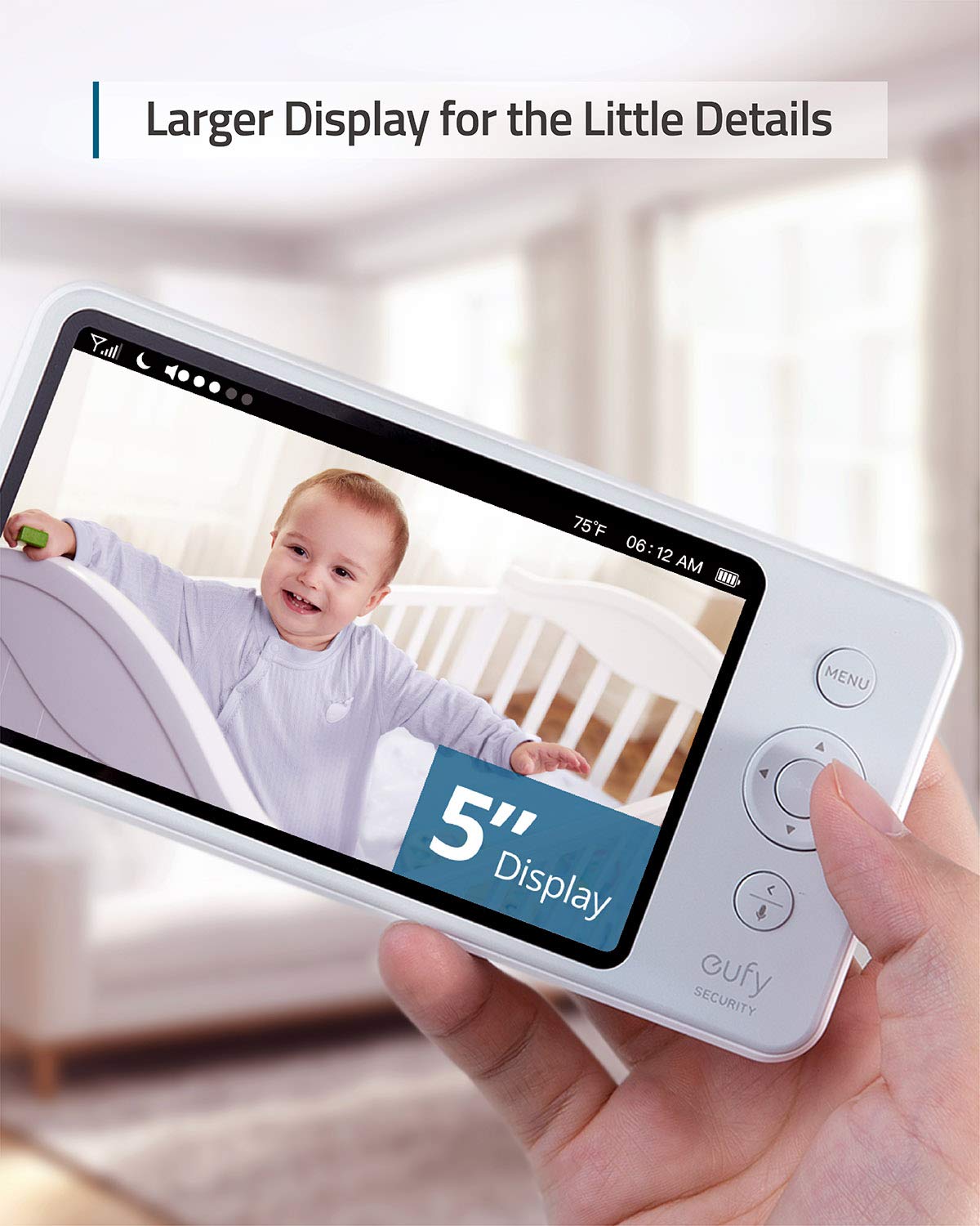  eufy Security Spaceview Video Baby Monitor E110 with Camera and  Audio, Security Camera, 720p HD Resolution, Night Vision, 5 Display, 110°  Wide-Angle Lens Included, Lullaby Player, Sound Alert : Baby